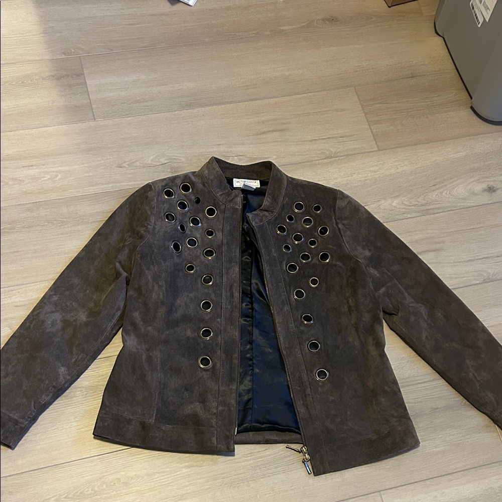 Victor Costa Dark Brown Leather Jacket with Eyelet Accents